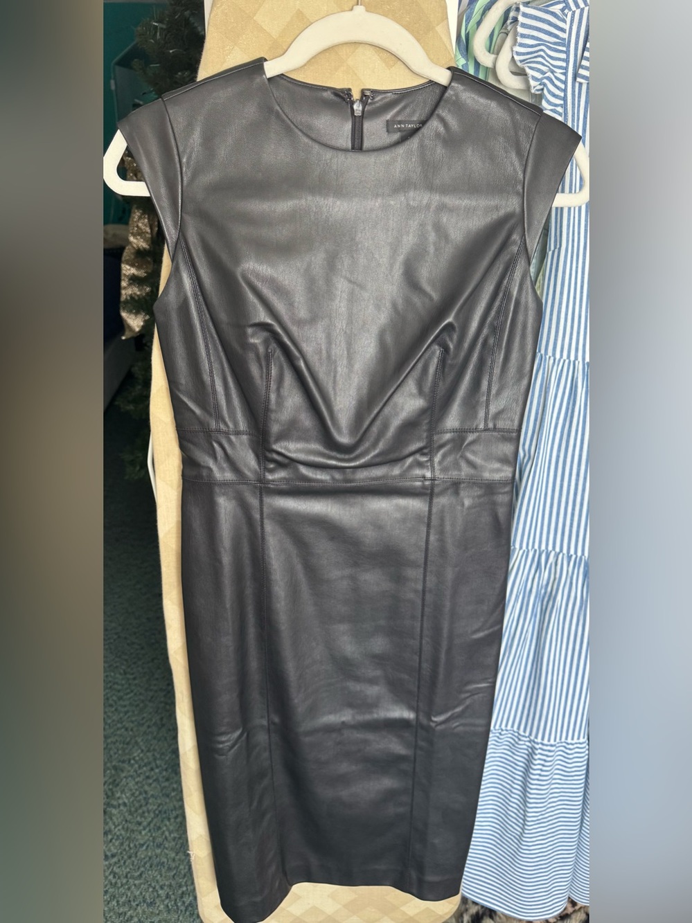 Ann Taylor Black Faux Leather Midi Sheath Dress